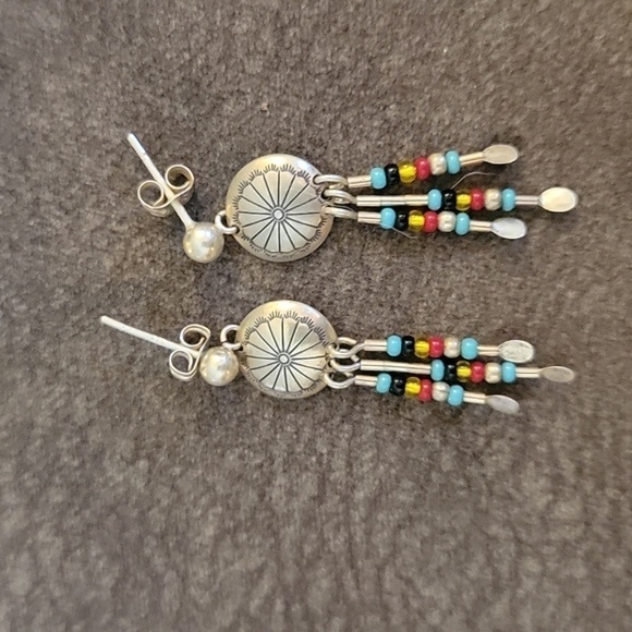 Dainty Sterling Silver Concho Fringe Post Earrings - Picture 3 of 5